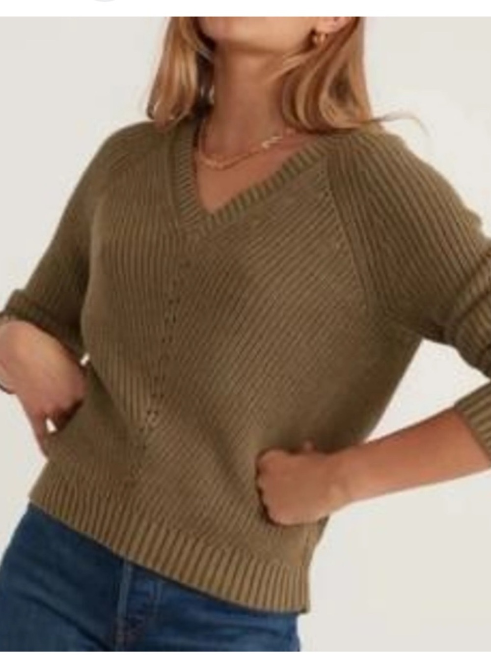 Marine Layer Ezra Women's V-Neck Cotton Sweater Military Olive Knit Size XS
